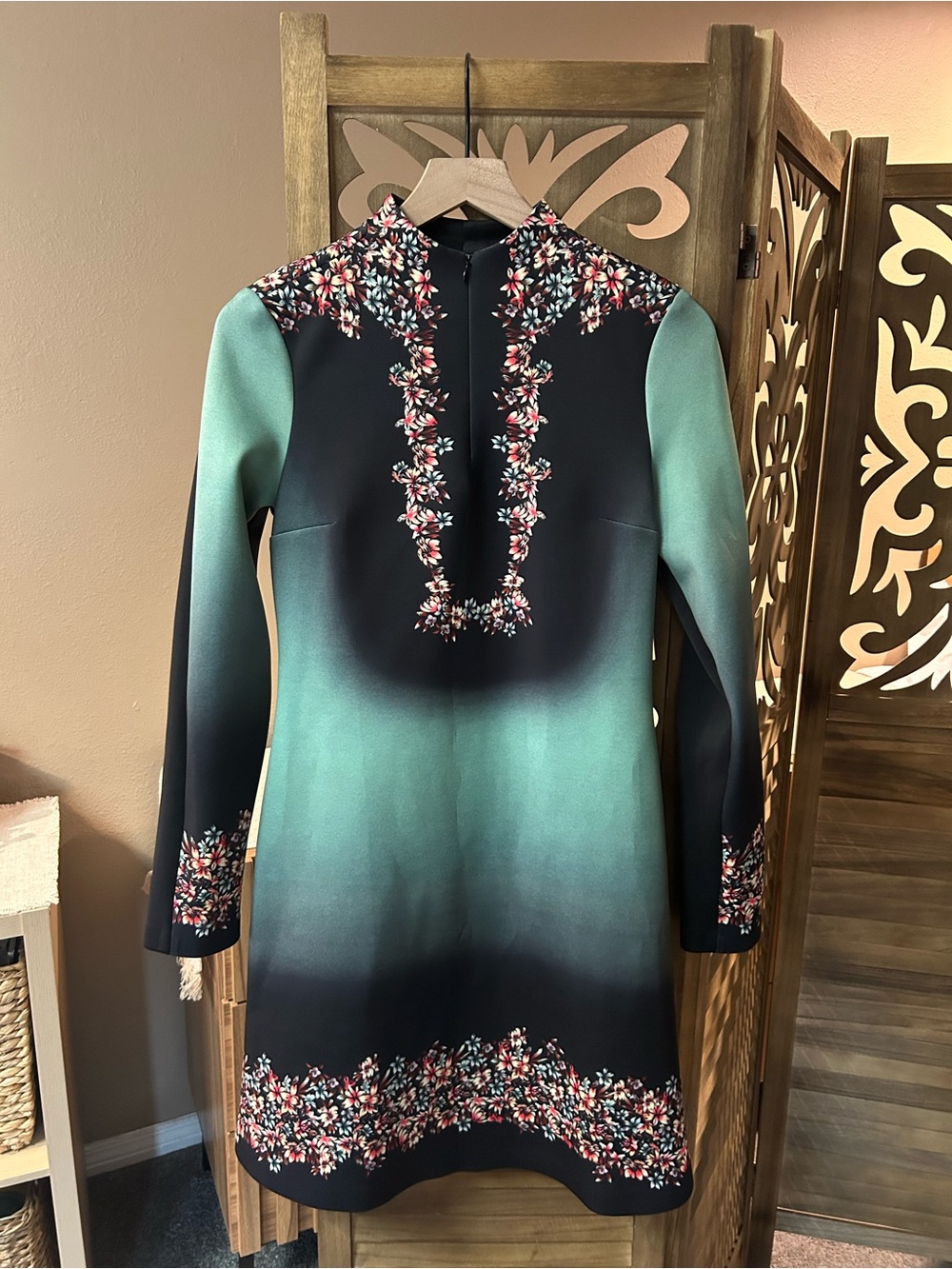 Clover Canyon Floral Black/ Green Long Sleeve Neoprene 1/4 Zip Neckline Dress